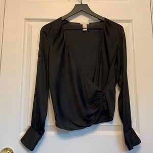 Black Deep V-Neck Satin Blouse